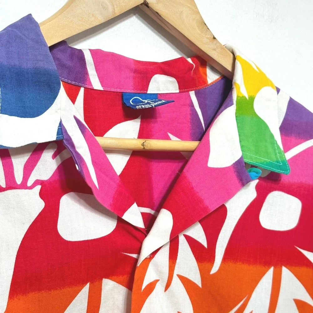 Vintage‎ Ocean Pacific Rainbow Palm Button Up Camp Shirt XL Boxy Crop Beach 80s